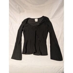 Fenomenon Women's Small Black Sheer whimsigoth Bell Sleeve Tie Neck Blouse